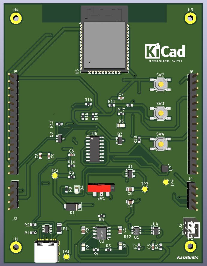 KiCad 3D render of my two-layer ESP32 board: ESP32-WROOM-32E module, USB-C input, charging and protection ICs, CH340C, switches and pin headers